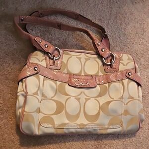 Vintage Coach Beige Canvas Shoulder Bag with Pink Trim